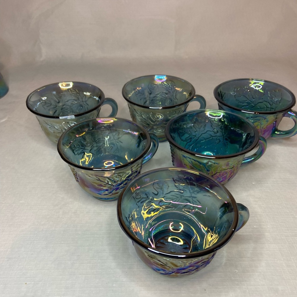 6 - Vintage Iridescent Blue Indiana Carnival Glass Grape Harvest Punch Cups - Picture 2 of 7